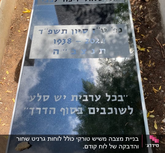 מצבה שחורה עם כיתוב בעברית ואבן קטנה מונחת עליה